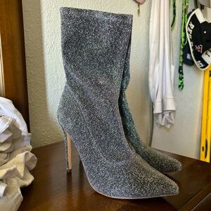 Lulus Odien Pewter Glitter Pointed-Toe Mid-Calf Sock Boots